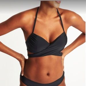 Black Wrap-Front Halter Underwire Swim Top